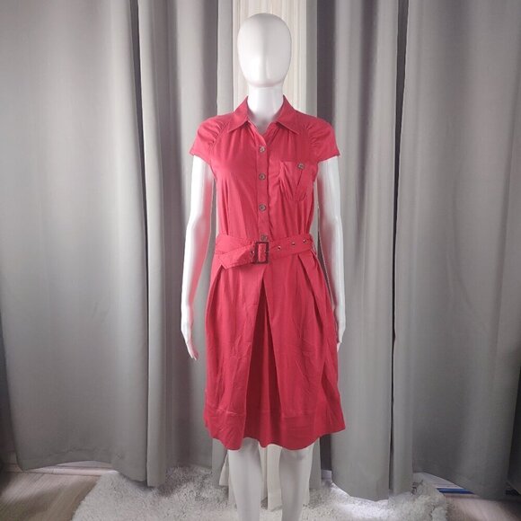 Migaino Dresses & Skirts - Migaino Womens 100% Cotton Pink/Coral Belted Midi Dress Size 42 (About A Size 6)